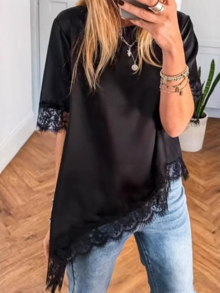 Lace Trim Asymmetrical Hem Blouse