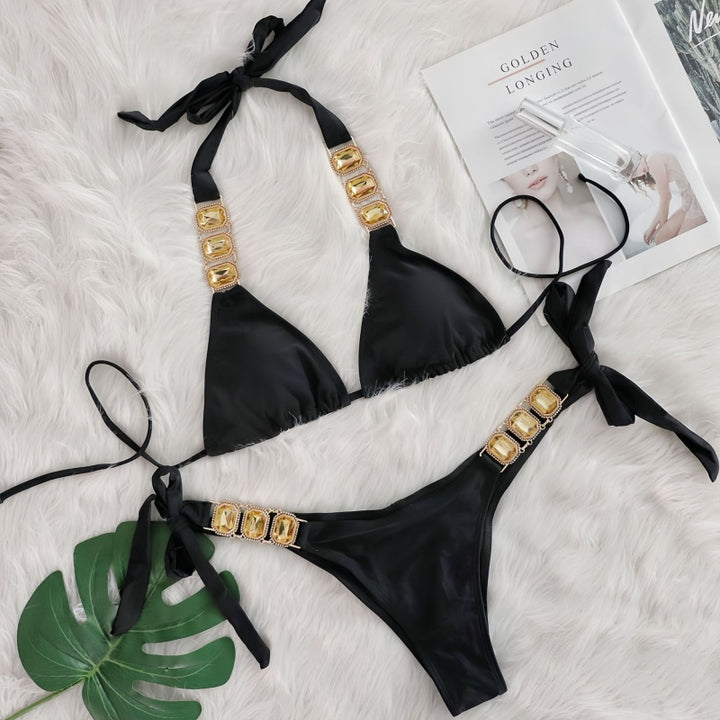 Crystal Embellished Halter Triangle Bikini Set