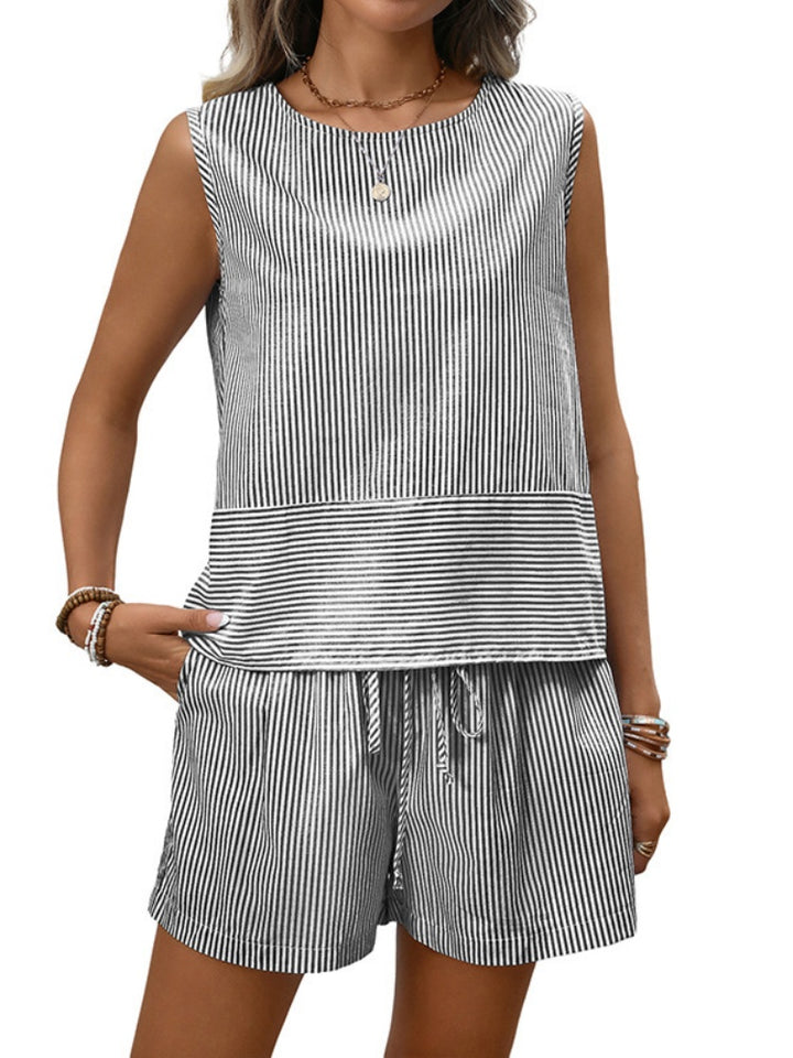 Striped Cotton Sleeveless Top &amp; Shorts 2-Piece Set - Casual Summer Outfit
