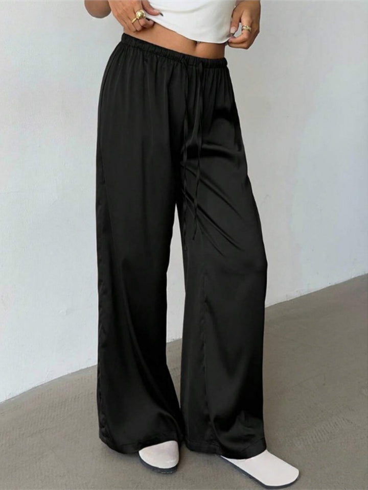 Satin High-Waisted Wide Leg Pants - Elastic Drawstring Flowy Trousers