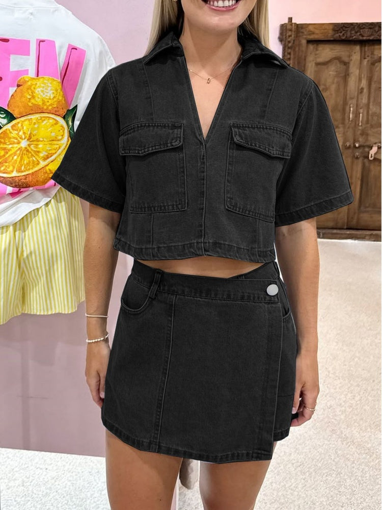 Cargo Pocket Cropped Denim Top &amp; Wrap Skort Two Piece Set