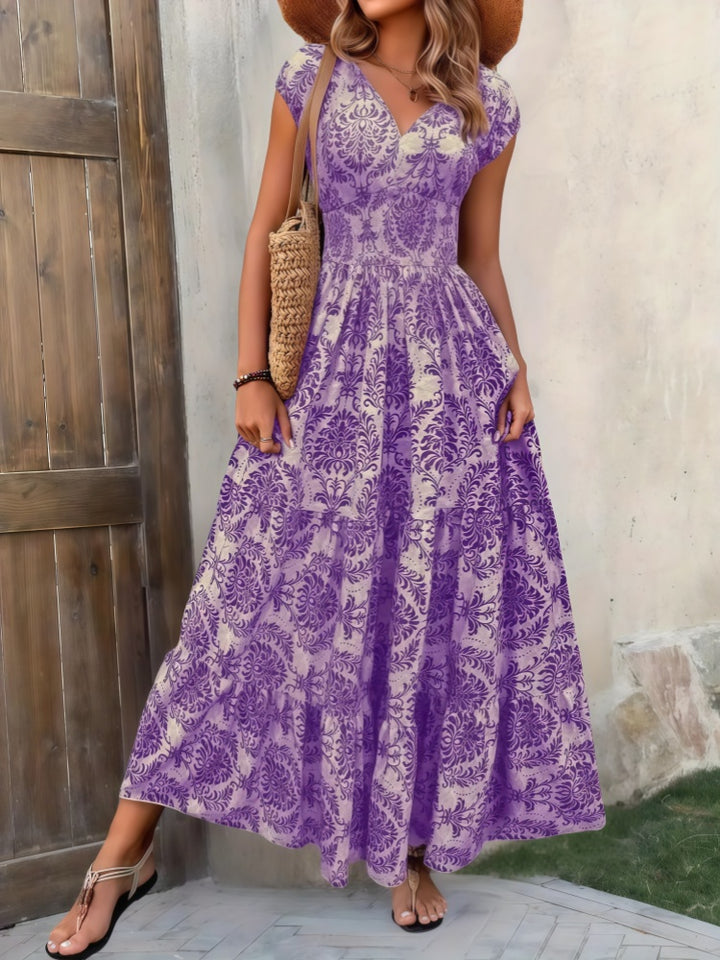 V-neck printed fitted waist maxi dress