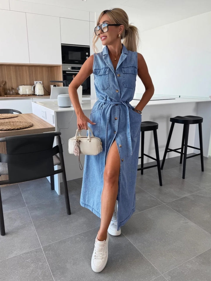Sleeveless Button-Front Denim Maxi Dress