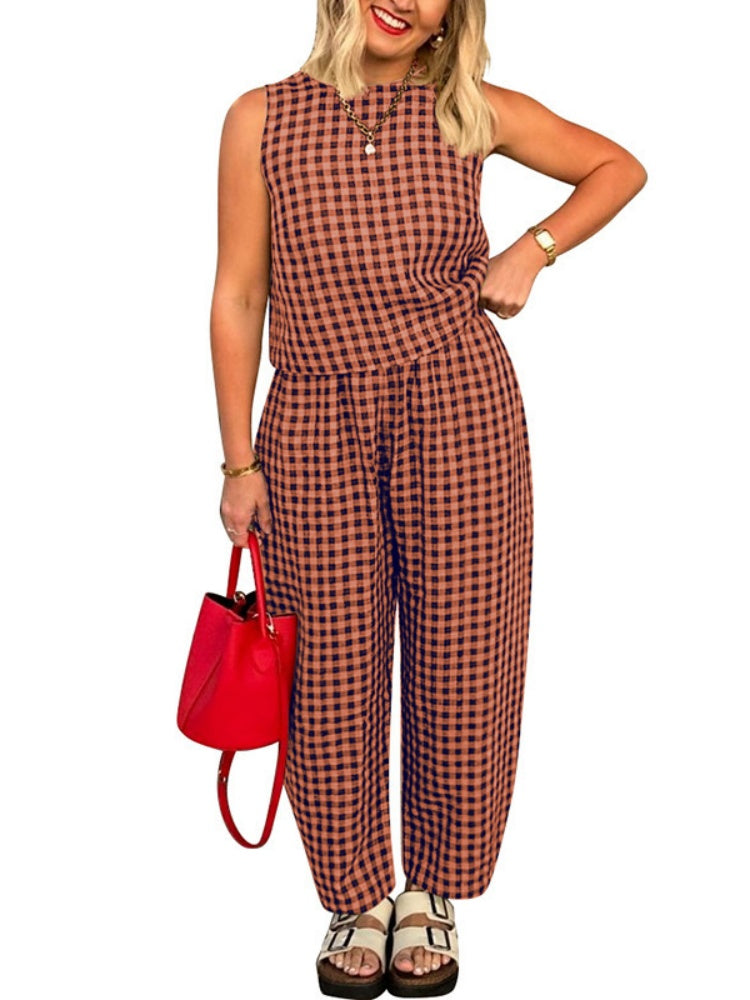 Gingham 2-Piece Sleeveless Top &amp; Wide Leg Pants Set