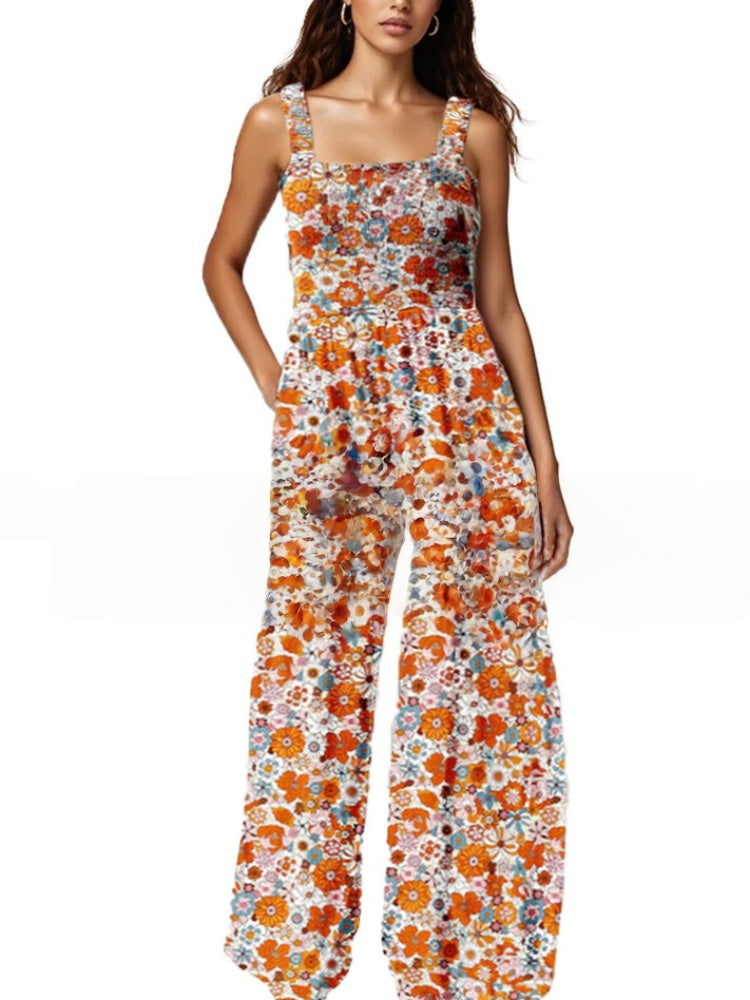 Smocked Square Neck Wide Leg Floral Jumpsuit