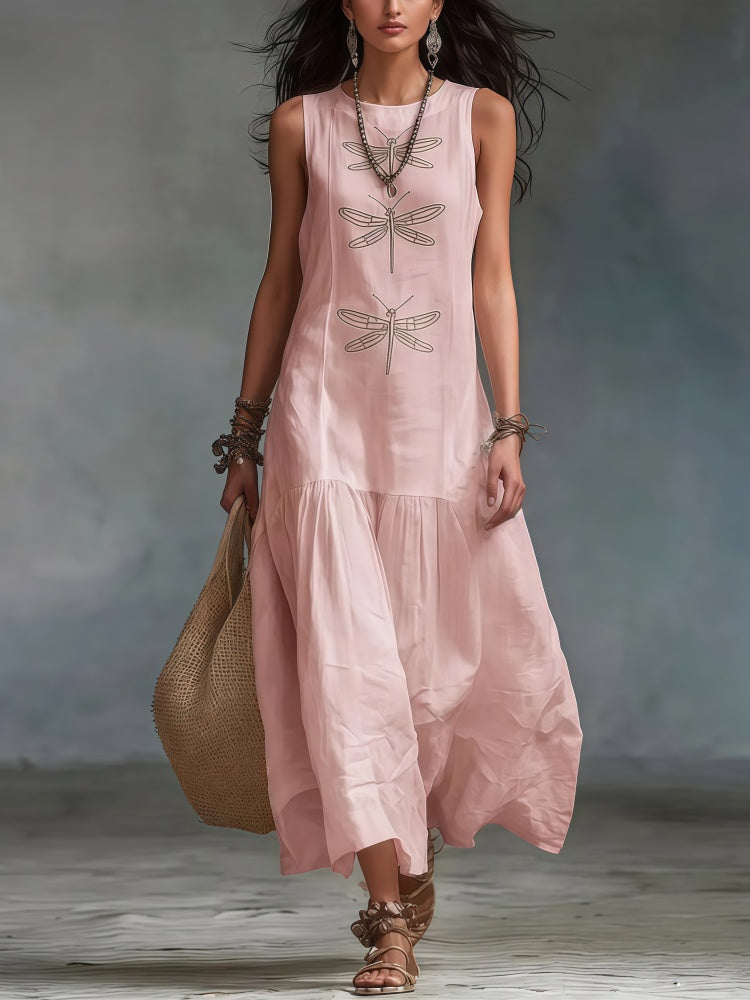 Dragonfly Print Sleeveless Maxi Dress - Casual Flowy Tiered Dress