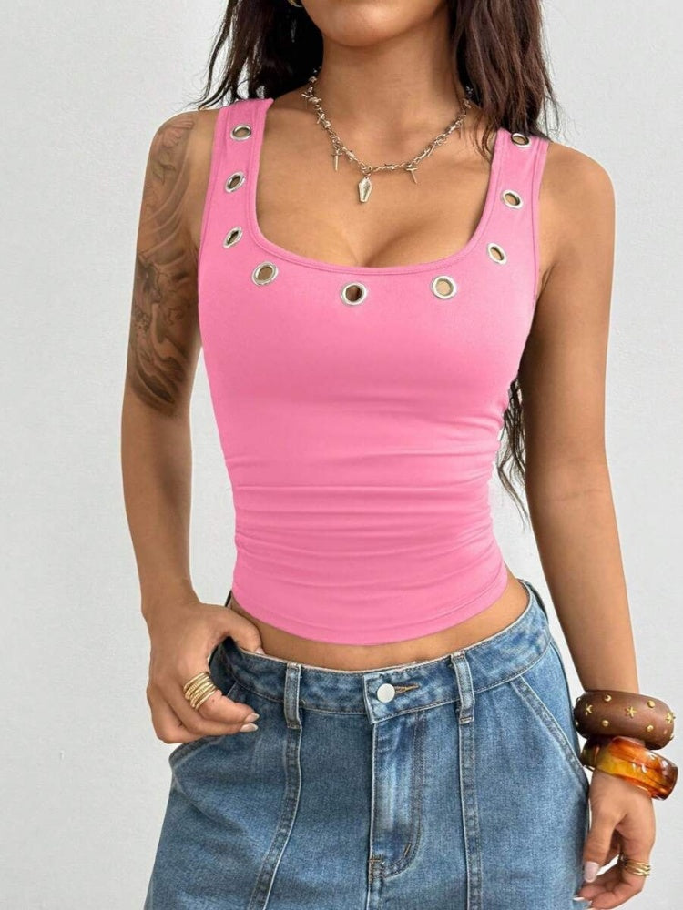 Eyelet Crop Tank Top - Square Neck Sleeveless Fitted Camisole
