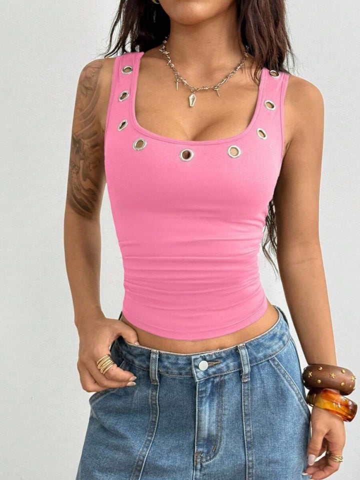 Eyelet Crop Tank Top - Square Neck Sleeveless Fitted Camisole