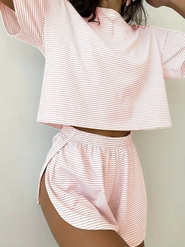 Striped Crop Top &amp; Curved Hem Shorts Set