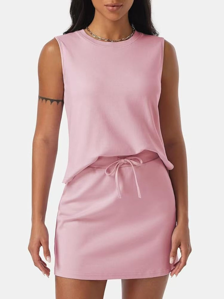 Solid Sleeveless Tank Top &amp; Drawstring Skirt 2-Piece Set