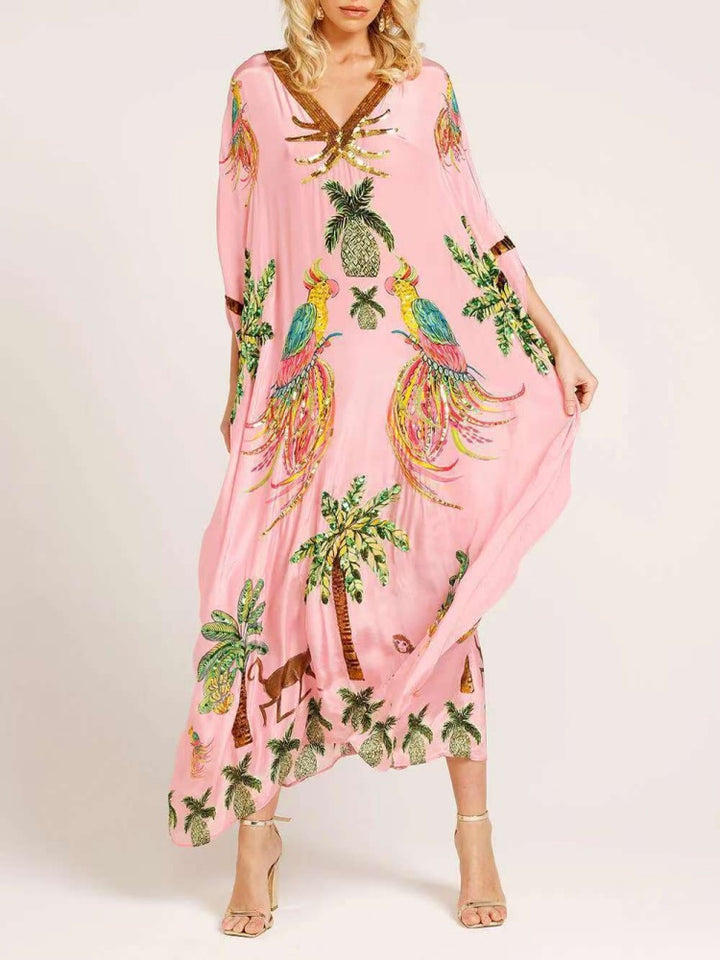 Sequin Tropical Print Kaftan Maxi Dress