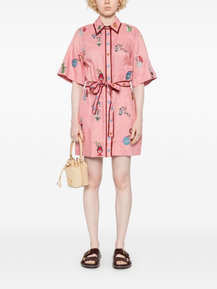 Vintage Marine Print Cotton Linen Shirt Dress - Tie Waist Nautical Mini Dress