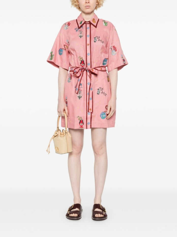 Vintage Marine Print Cotton Linen Shirt Dress - Tie Waist Nautical Mini Dress