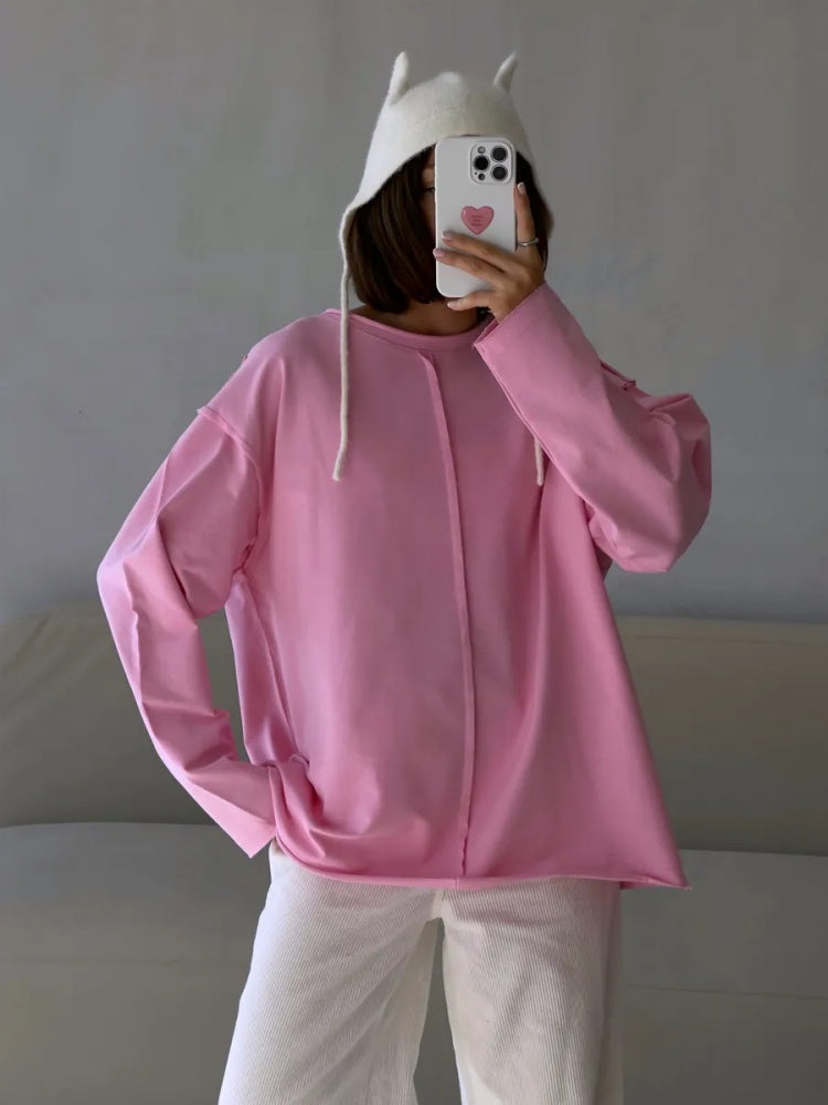 Oversized Long-Sleeve Cotton Tee | Crew Neck Casual Loose T-Shirt