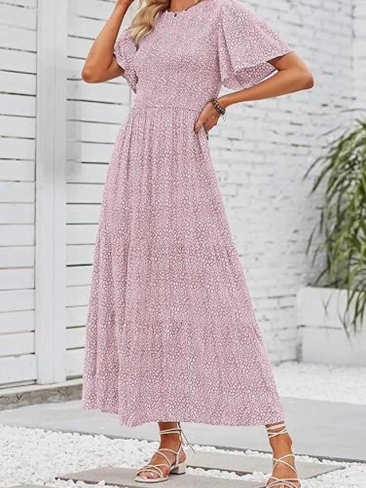 Floral Print Flutter Sleeve Tiered Maxi Dress
