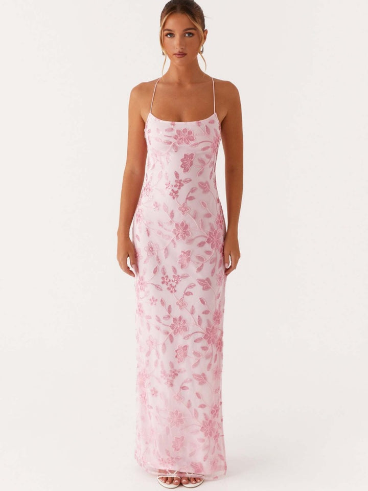 Floral Embroidered Mesh Maxi Dress - Spaghetti Strap Bodycon Evening Gown