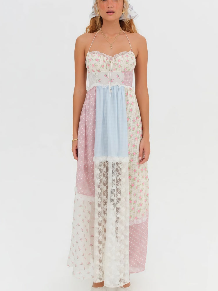 Patchwork Lace Halter Maxi Dress