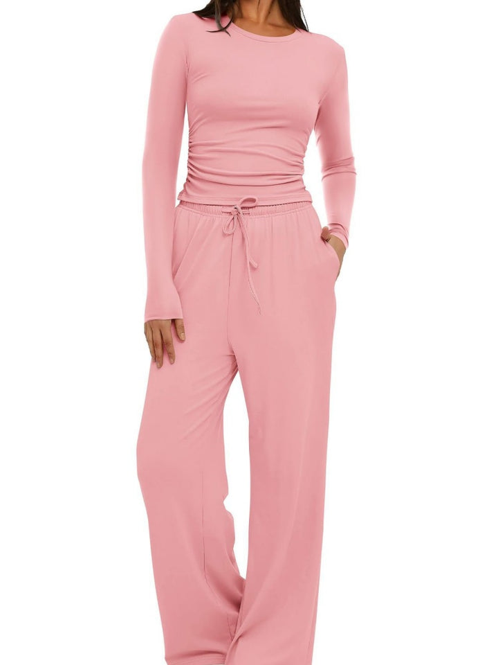 Ruched Long Sleeve Top &amp; Drawstring Wide Leg Pants Set