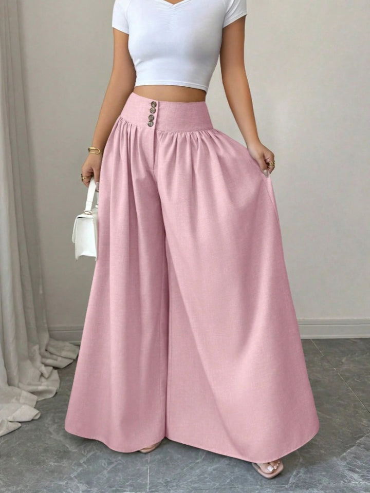 High Waist Button Front Pleated Wide Leg Palazzo Pants