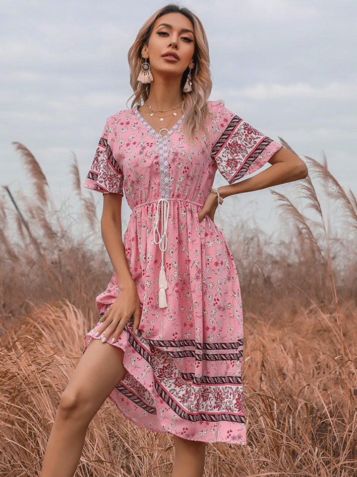 V-neck floral elastic waist dress