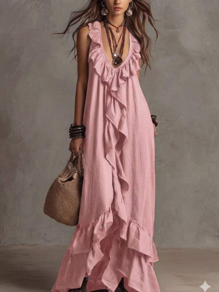 Boho Ruffled V-Neck Maxi Dress