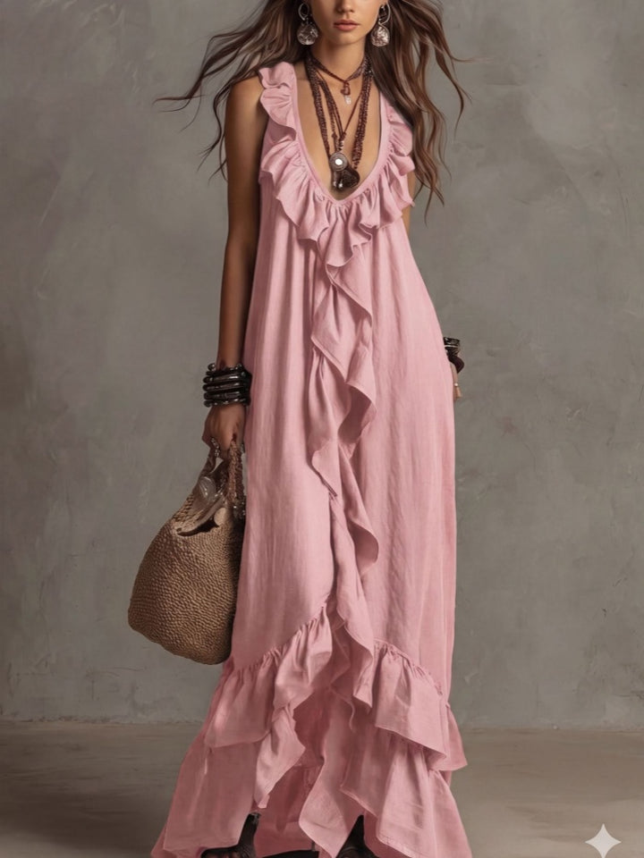 Boho Ruffled V-Neck Maxi Dress