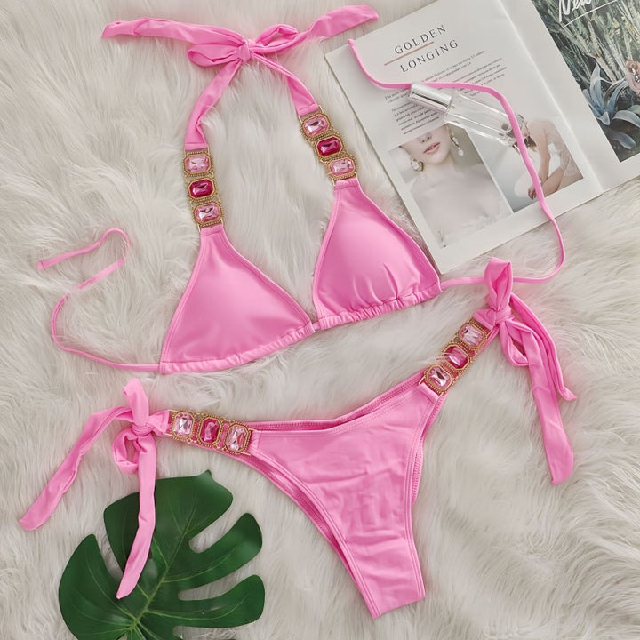 Crystal Embellished Halter Triangle Bikini Set