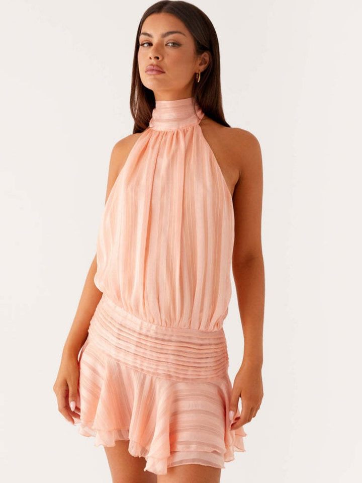 Pleated Halter Neck Ruffle Mini Dress