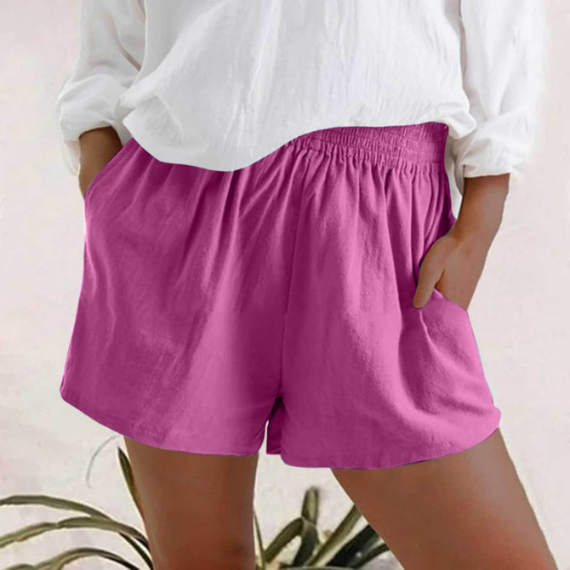 High Waisted Elastic Waist Linen Blend Shorts