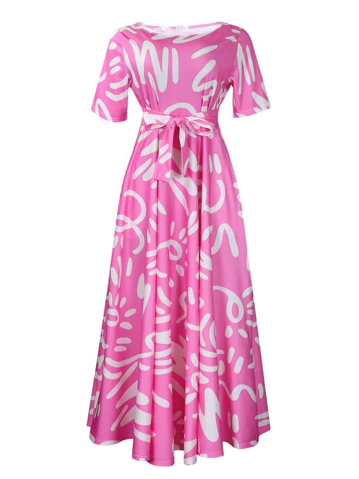 Graffiti Print Belted A-Line Maxi Dress