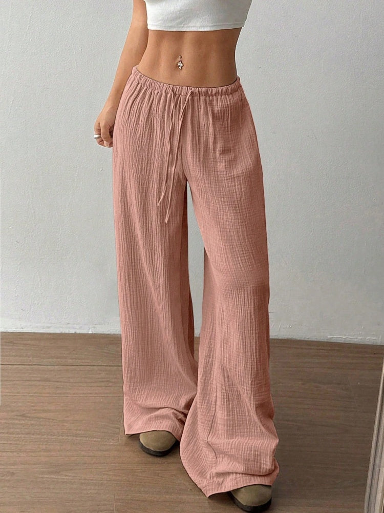 Cotton Crinkle Drawstring Waist Wide-Leg Pants