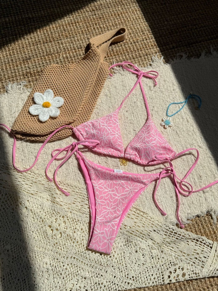 Floral Embroidery Triangle Bikini Set