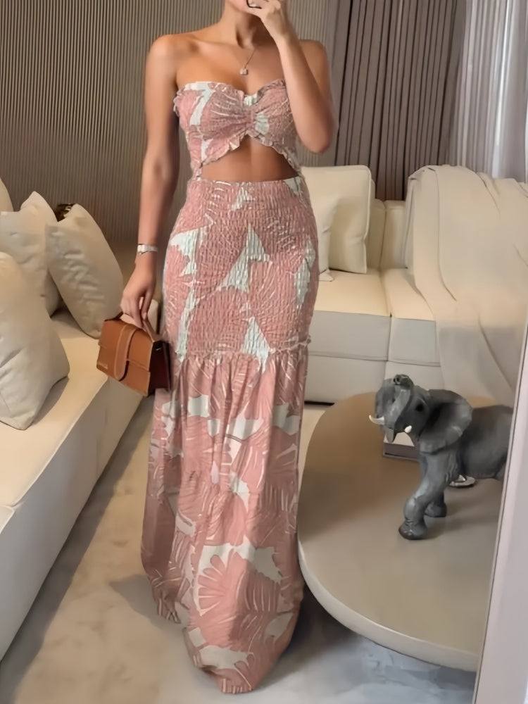 Blue White Leaf Print Ruched Bandeau Two Piece Maxi Skirt Set