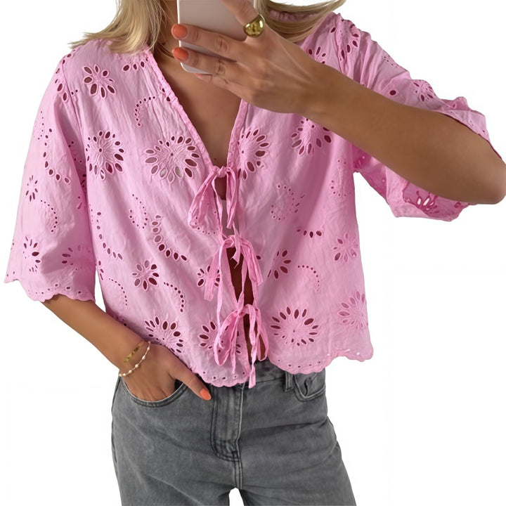 Eyelet Embroidery Tie-Front Crop Blouse