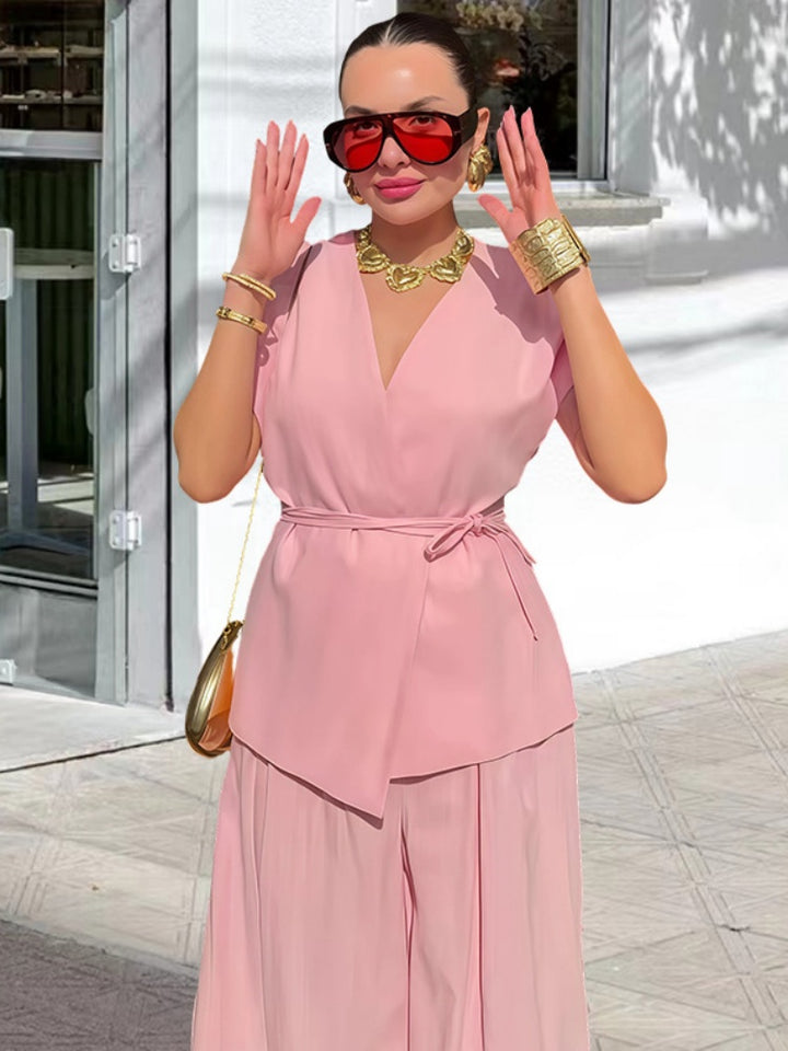V-Neck Short Sleeve Wrap Tie Waist Top &amp; Wide Leg Pants Set