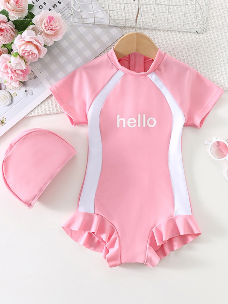 Girls Rash Guard Swimsuit with Hat – Cute Ruffle One-Piece Swimwear