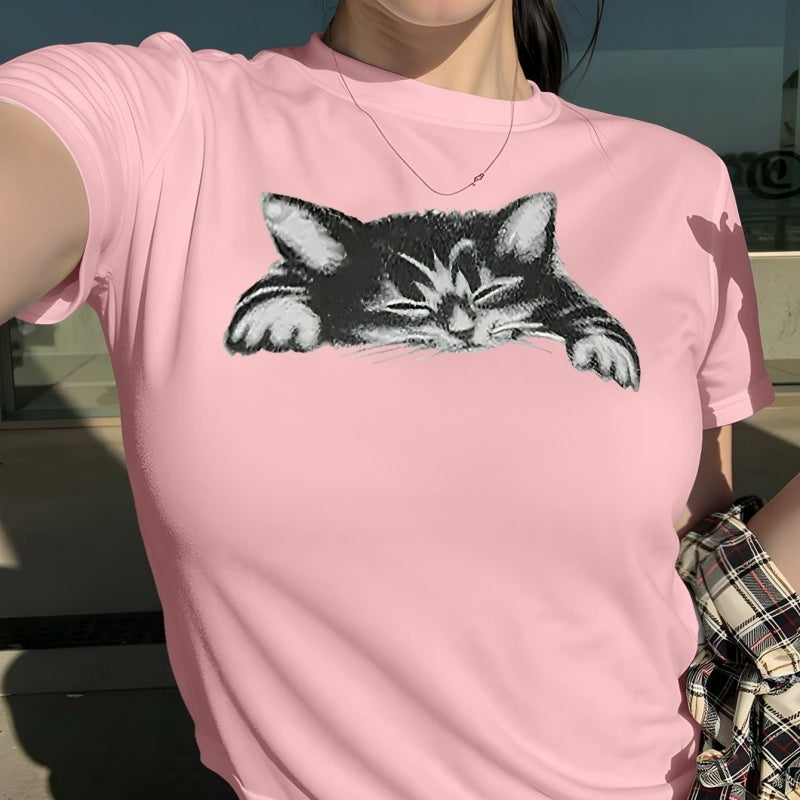 3D Cat Print Cotton Crew Neck T-Shirt - Casual Short Sleeve Tee