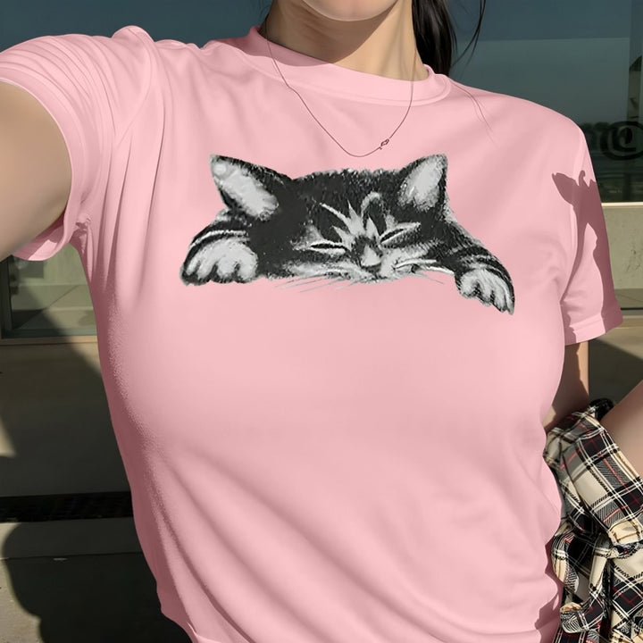3D Cat Print Cotton Crew Neck T-Shirt - Casual Short Sleeve Tee
