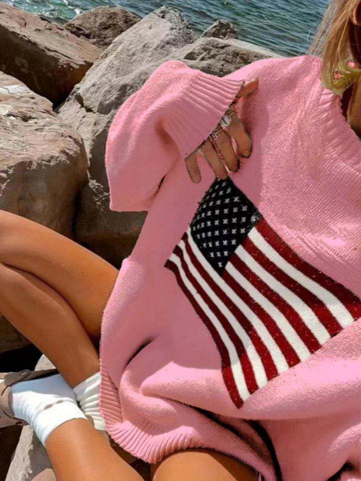 American Flag Oversized Knit Sweater - Soft Arctic Fleece Pullover