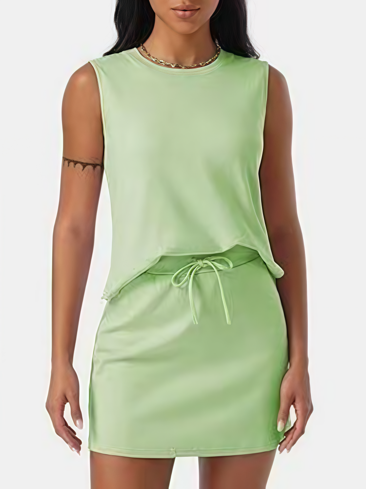 Solid Sleeveless Tank Top &amp; Drawstring Skirt 2-Piece Set