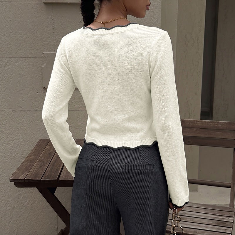 Color-blocked V-neck short-sleeved long-sleeved sweater with wavy trim
