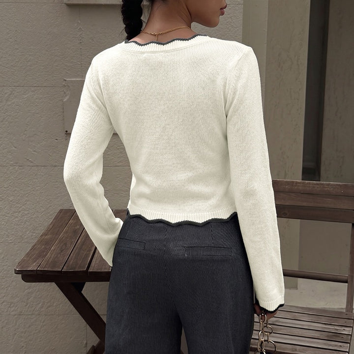 Color-blocked V-neck short-sleeved long-sleeved sweater with wavy trim