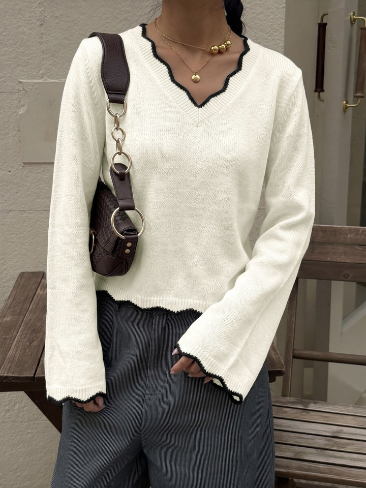 Color-blocked V-neck short-sleeved long-sleeved sweater with wavy trim
