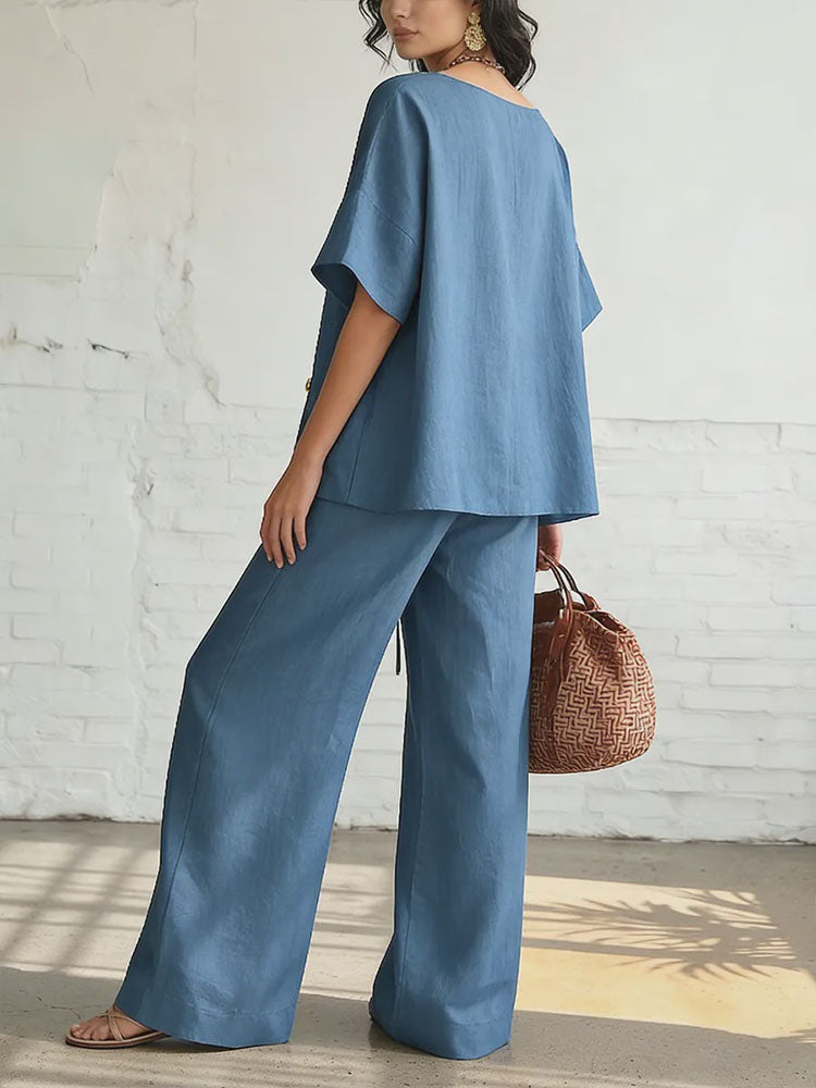 Short-sleeved diagonally buttoned top and drawstring wide-leg pants set