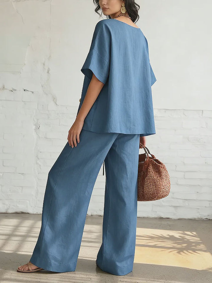 Short-sleeved diagonally buttoned top and drawstring wide-leg pants set