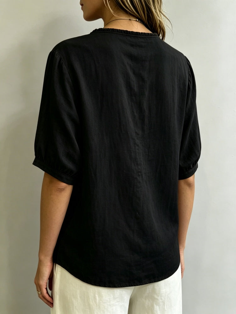 Linen Blend Ruffled Neck Puff Sleeve Button-Down Blouse