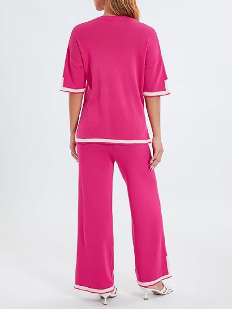 Contrast Trim Knit Short Sleeve Top &amp; Wide Leg Pants Set
