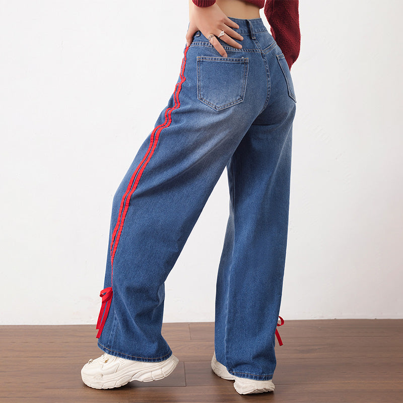 Retro red-trimmed casual straight-leg jeans