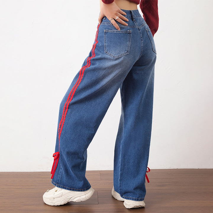 Retro red-trimmed casual straight-leg jeans