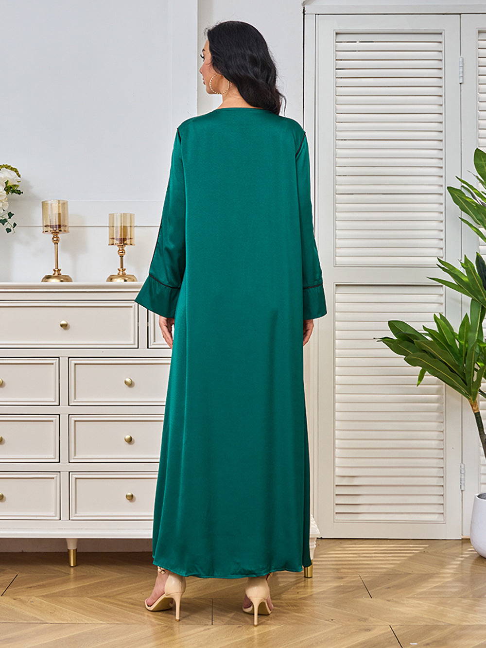 Emerald Green Satin Abaya Maxi Dress with Gold Embroidery